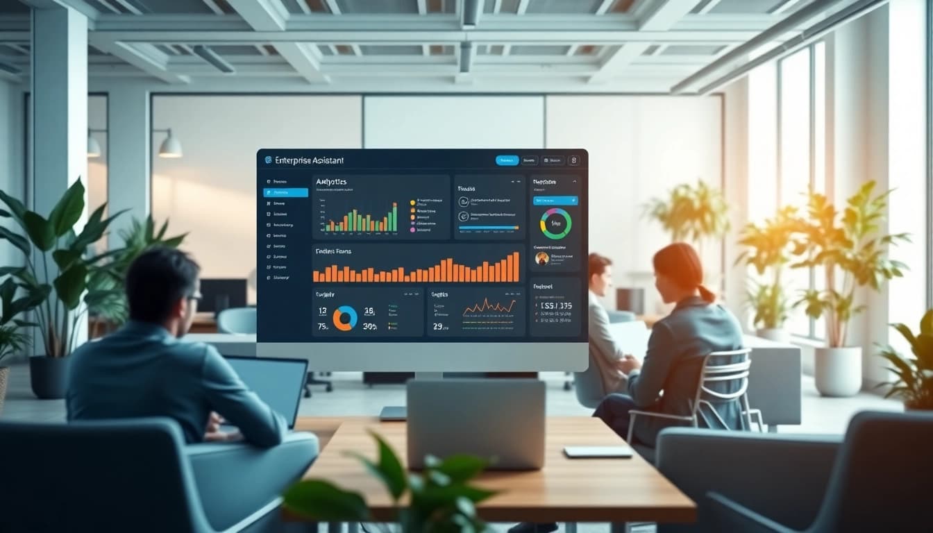 Enhance productivity with enterprise assistant saas showing analytics dashboard in a lively office.