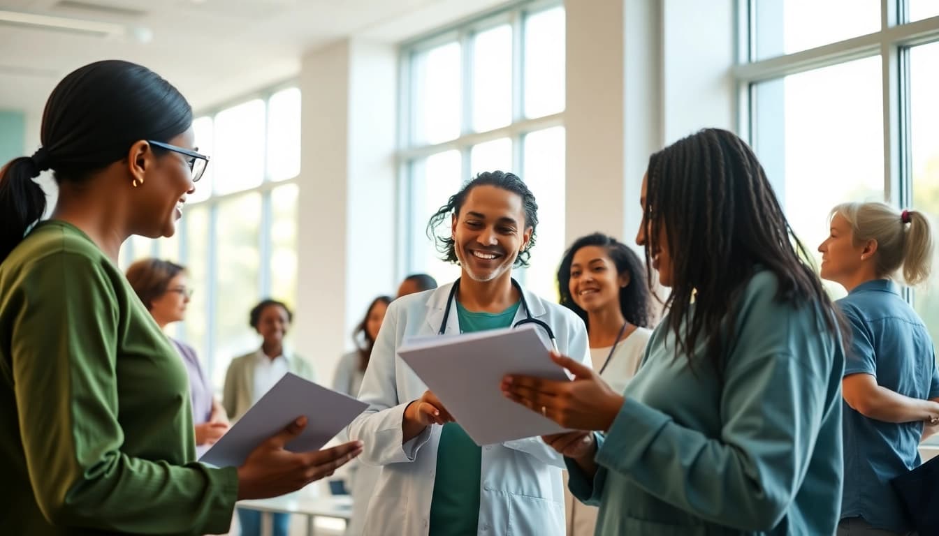Healthcare interactions fostering community wellness and health awareness in a modern clinic.