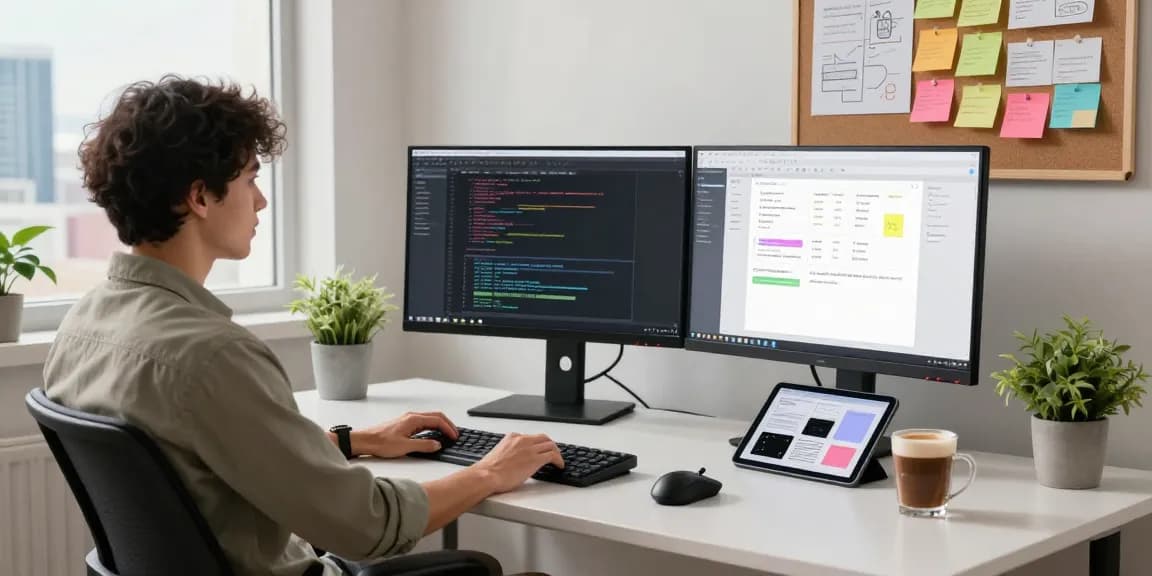 Developer coding in modern workspace with 纸飞机中文版 theme, showcasing productivity and creativity.