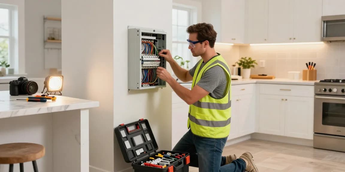 Electrician at istanbano.com wiring a residential panel in a modern Birmingham kitchen.
