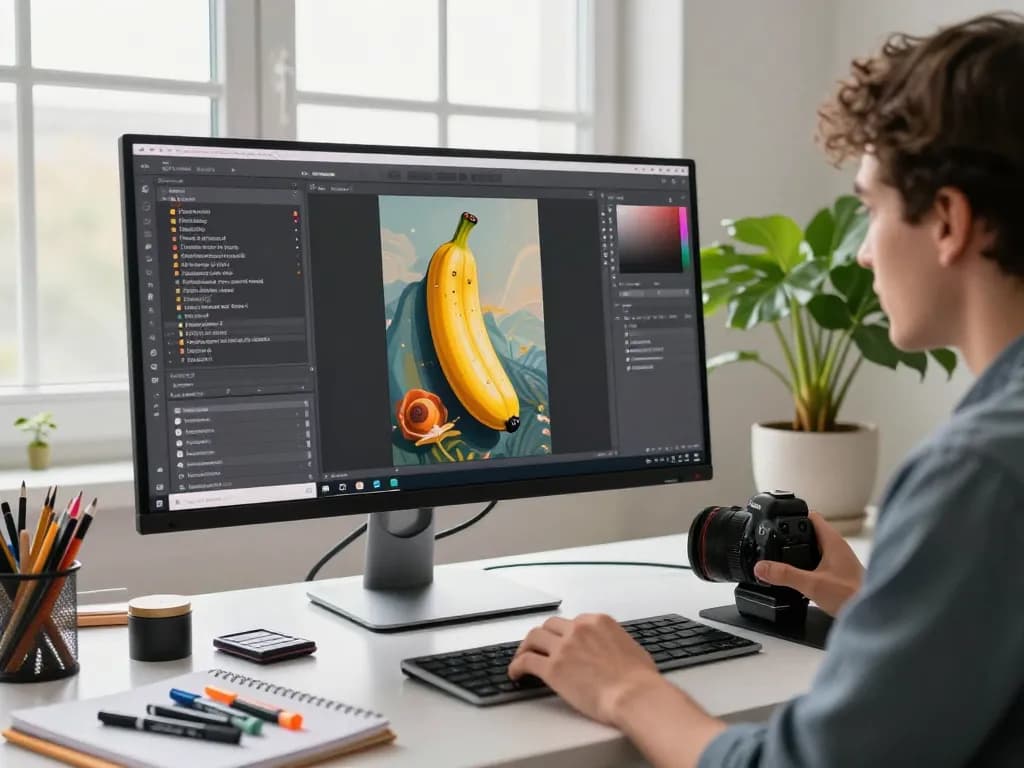 Digital artist using nano banana pro AI for image editing in a creative workspace