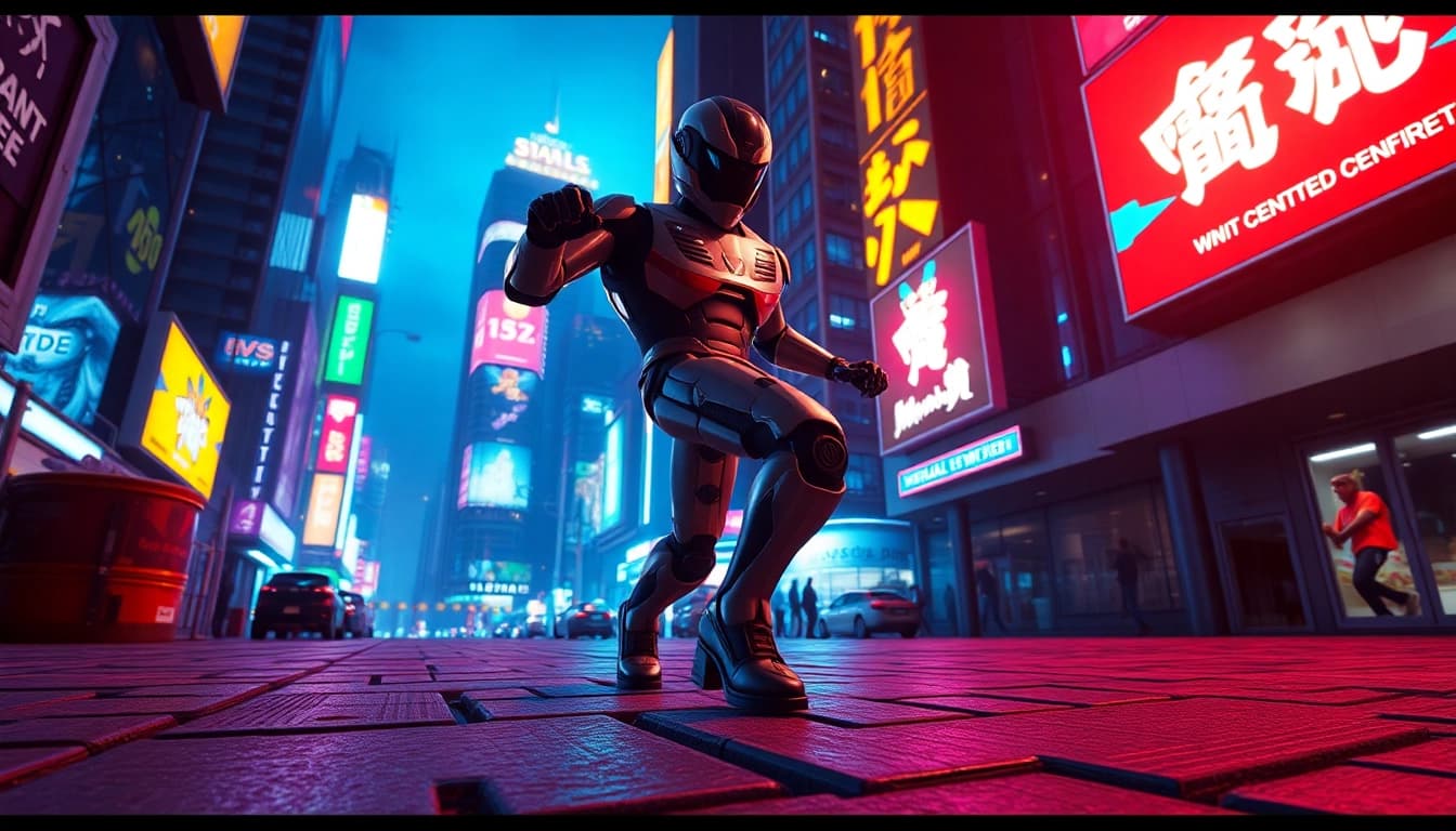 3D Animation character dancing in a vibrant urban environment with neon lights.