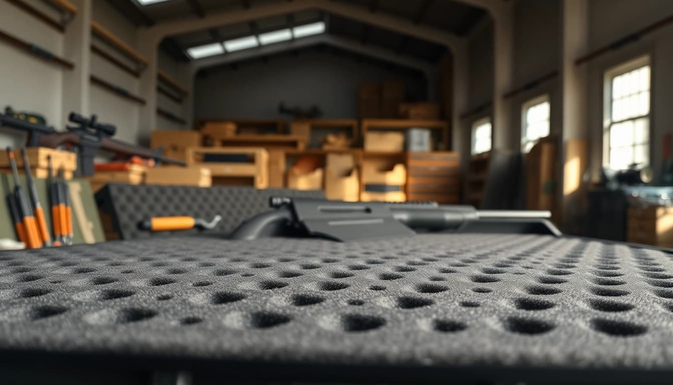Showcasing foam for rifle case with textured compartments in a well-lit setting.