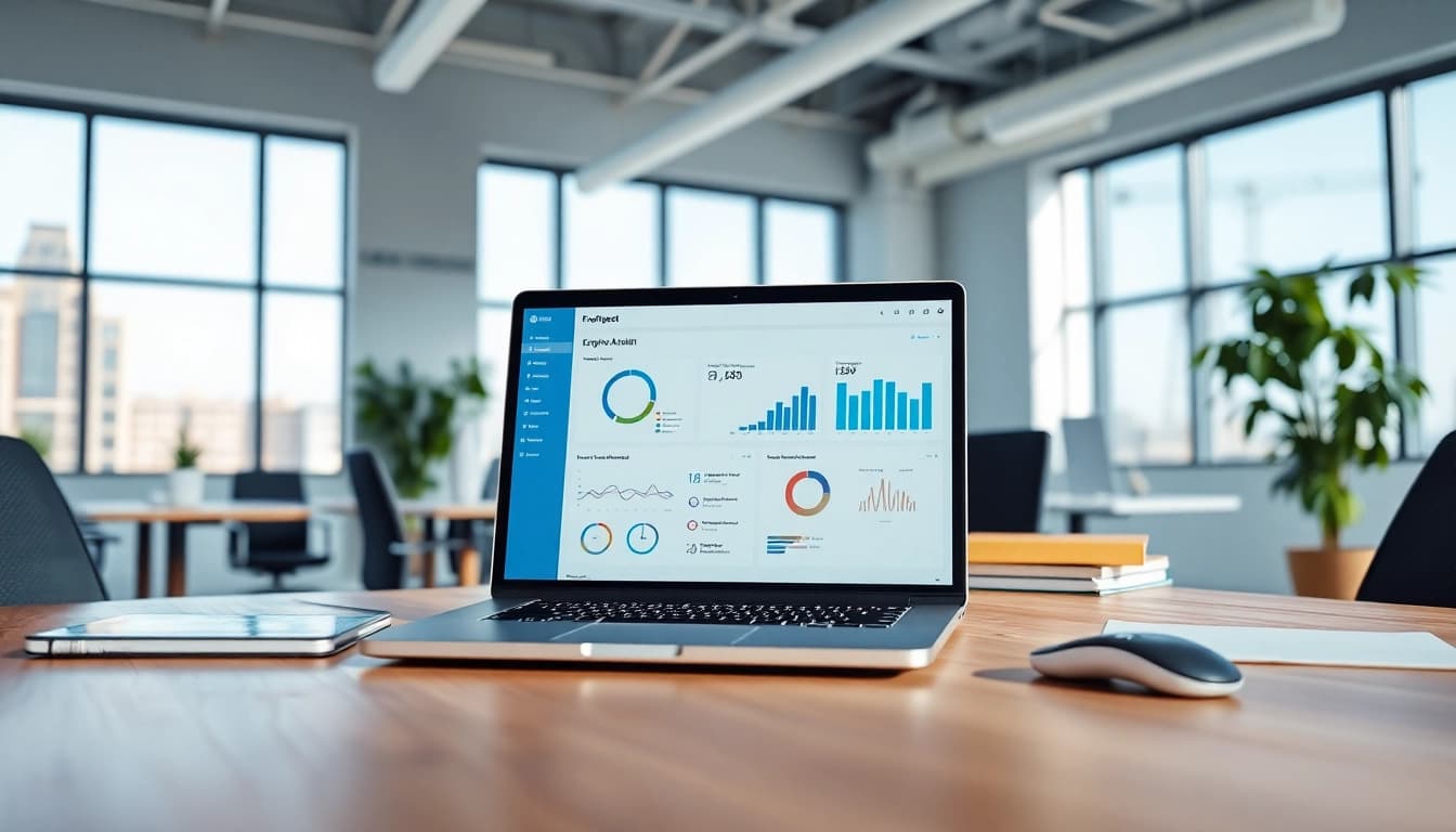 Showcasing enterprise assistant saas solution on a sleek modern workstation with digital dashboards.