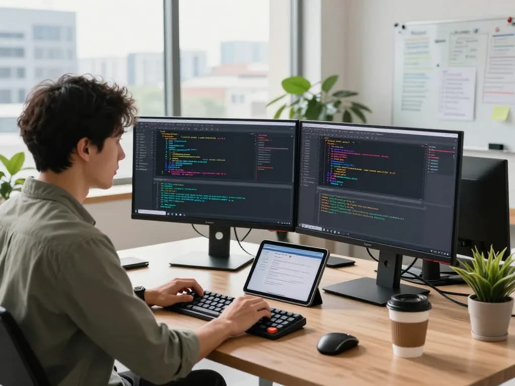 OpenClaw AI developer workspace with dual monitors displaying code and debugging tools in a modern office.