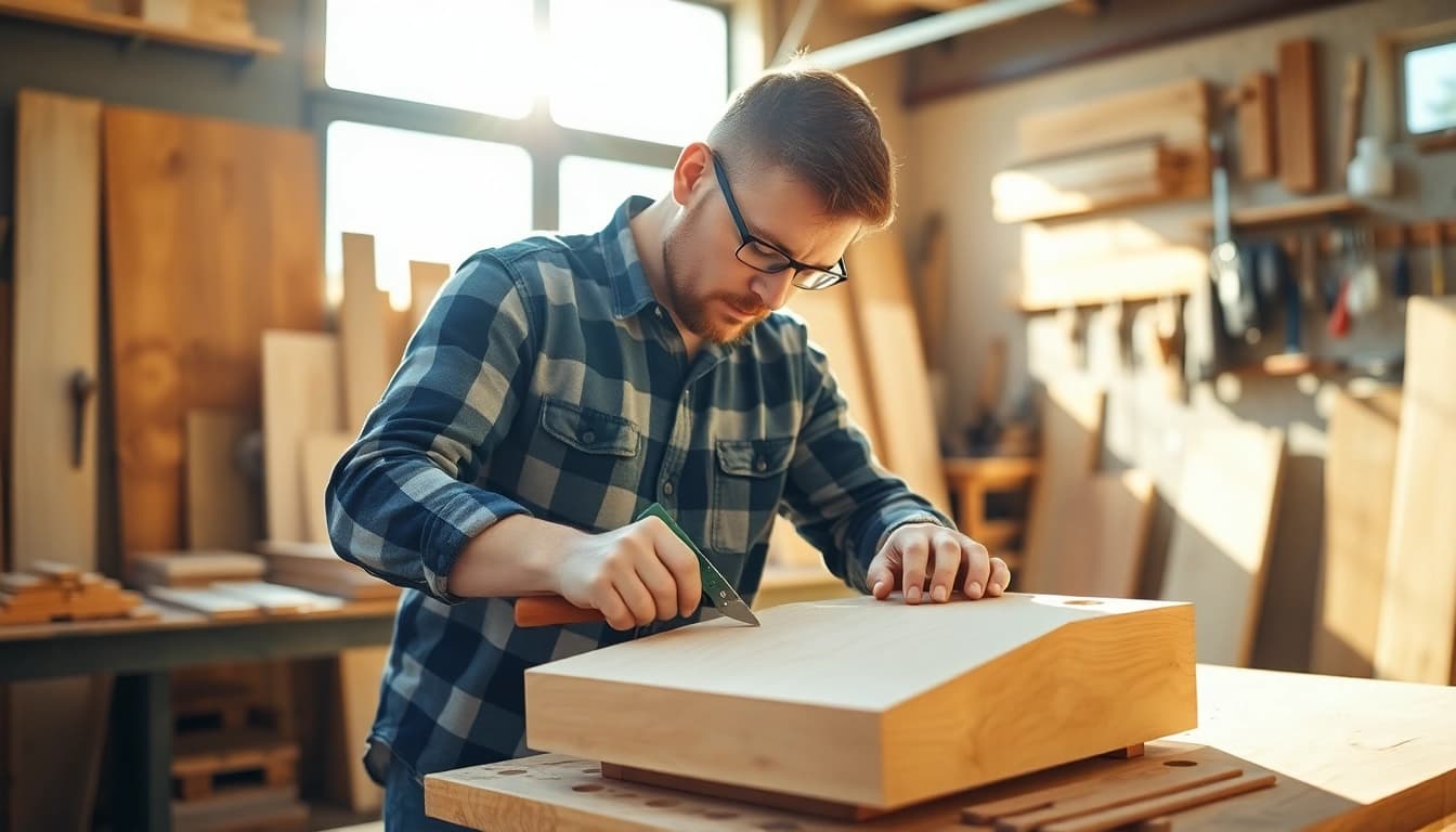 Carpenter meticulously crafting a wooden piece in a sunlit workshop setting.