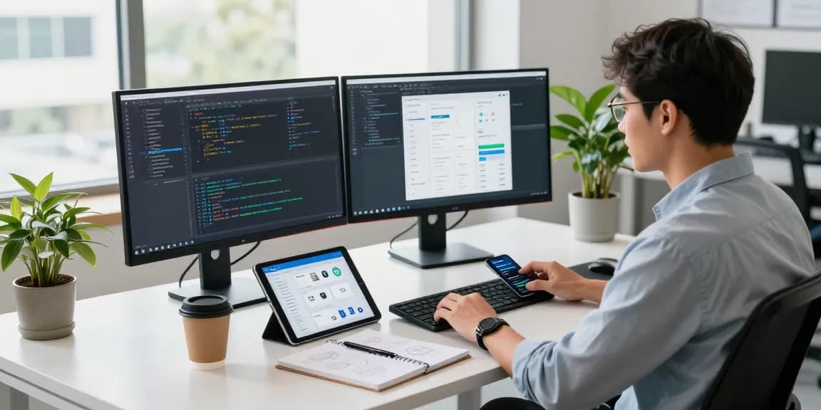 Professional developer in a vibrant workspace coding with telegram中文版 software on monitors.
