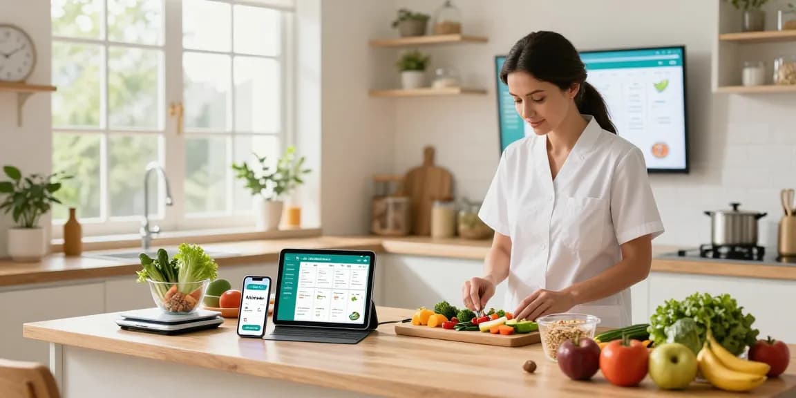 Nutritionist using the best AI calorie tracker in a modern kitchen while preparing healthy meals.