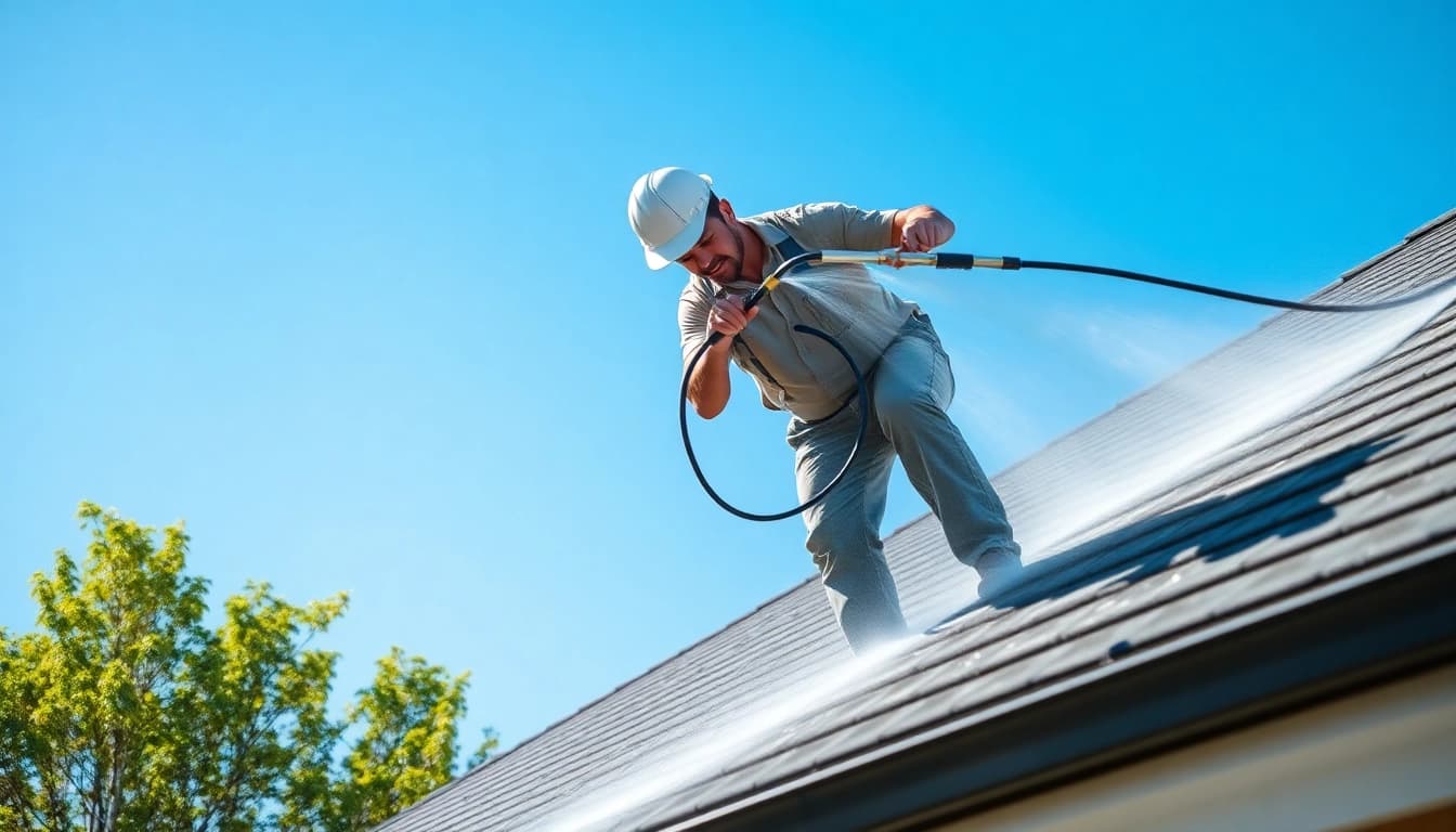 Roof cleaning service in Kissimmee FL, showcasing a technician using eco-friendly solutions on a residential roof.