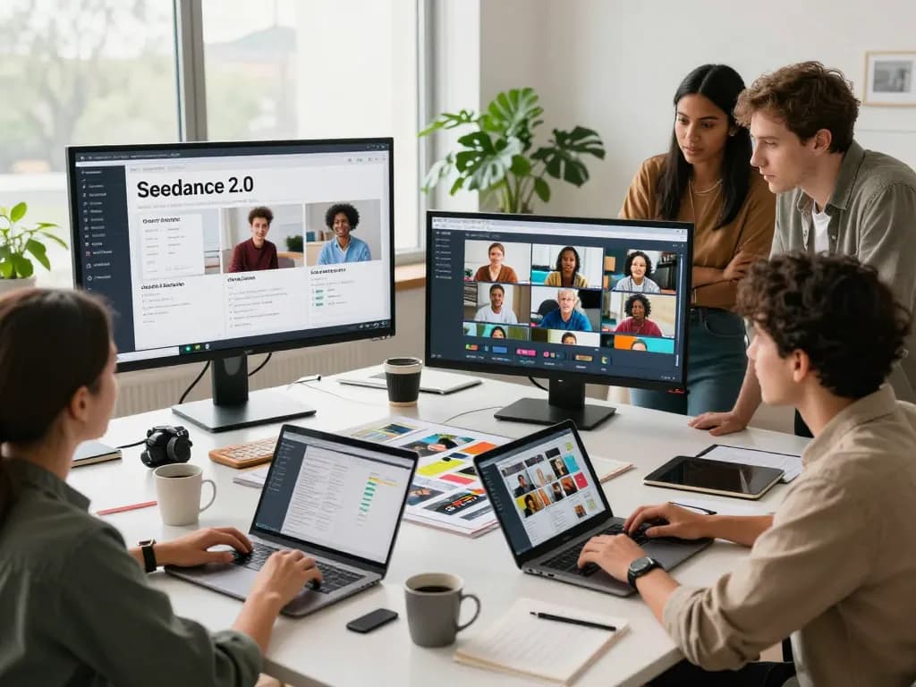 Creative team using ai seedance 2.0 in a modern workspace, vibrant video interfaces and collaborative atmosphere.