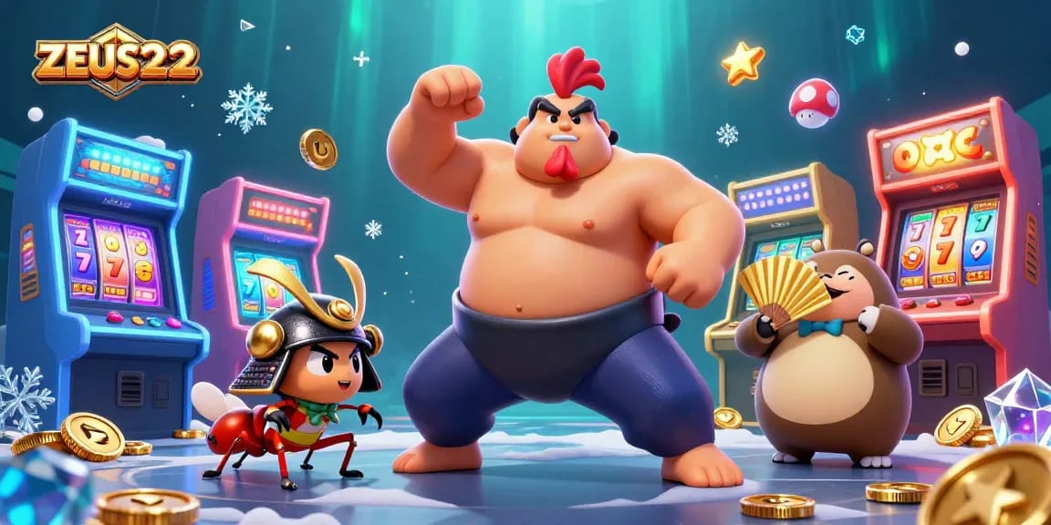 Engage with ZEUS222 for vibrant slot excitement, featuring slot reels, a rooster, and a tanuki announcer.