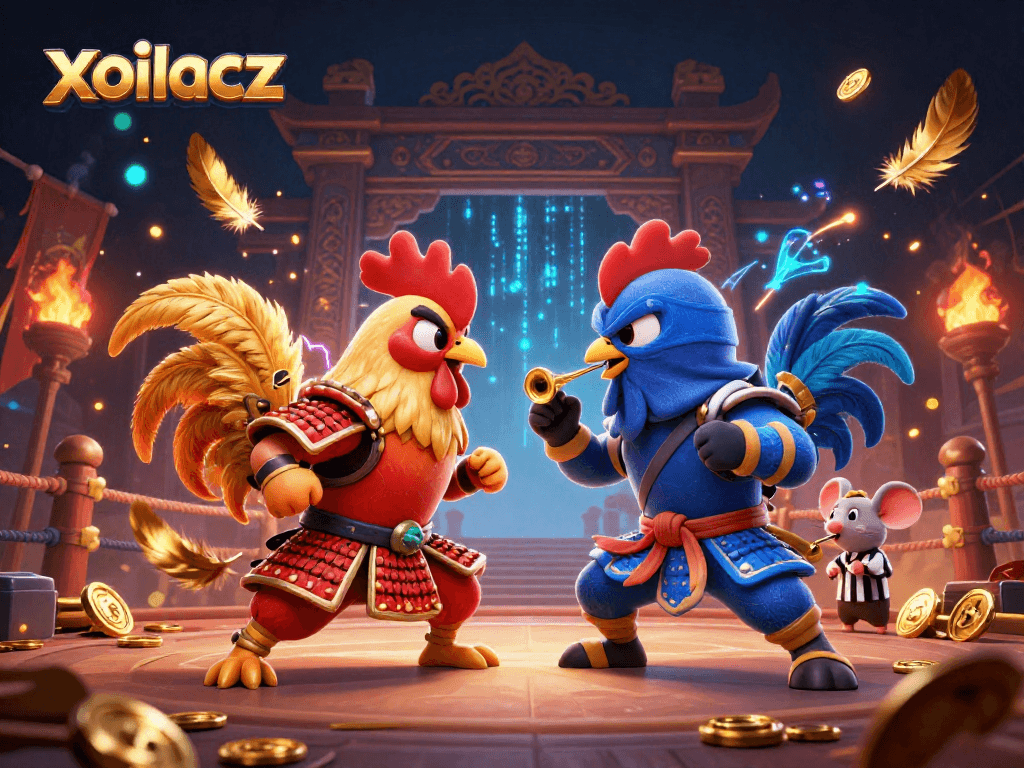 Experience the excitement of xoilacz with battling roosters in a vibrant gambling arena, full of action.