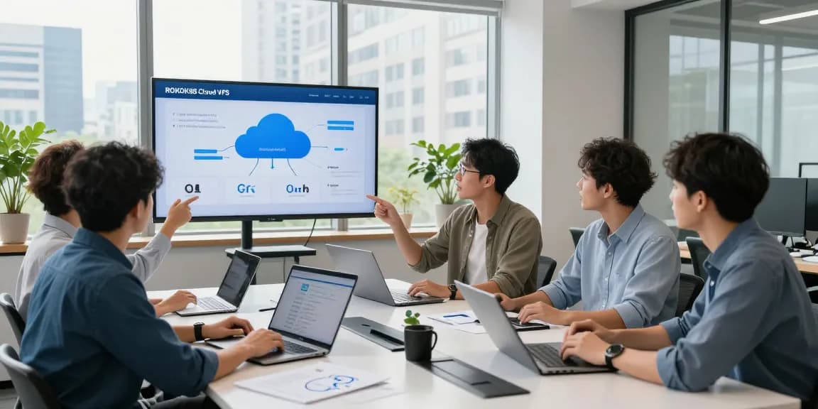Team discussing ROKOK88 Cloud VPS solutions in a modern office setting.