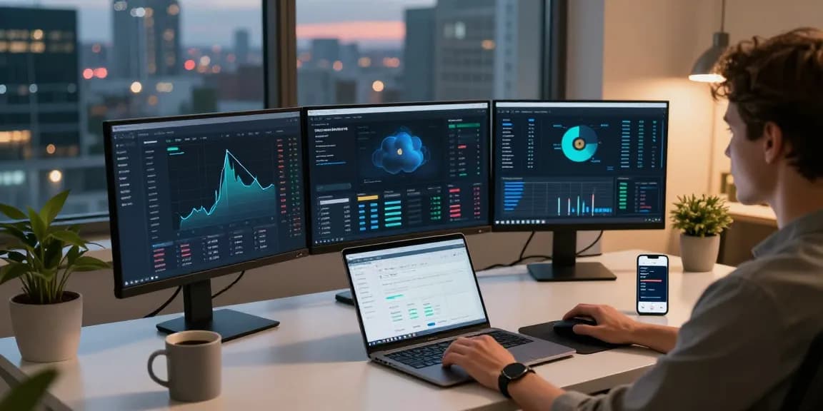 cloud mining passive income depicted in a professional crypto workstation with monitors, digital wallet, and trading tools