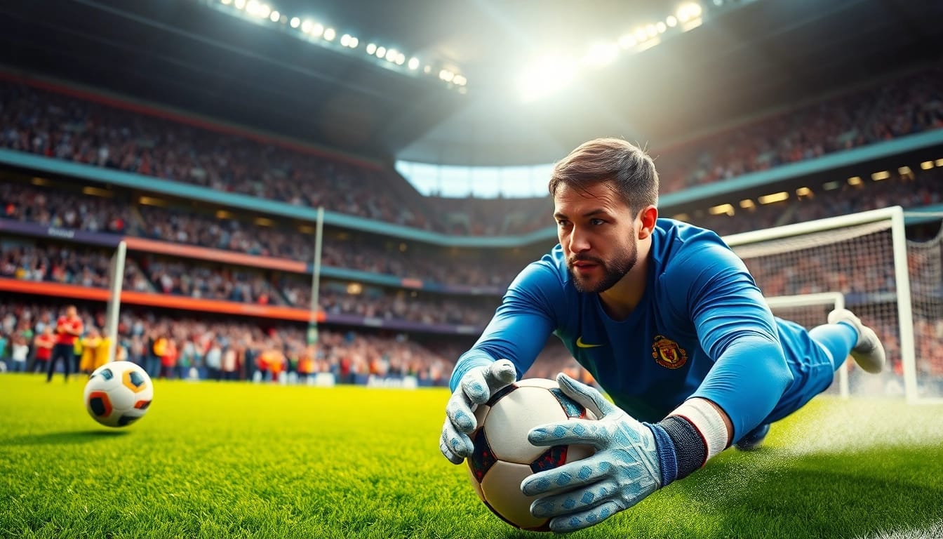 Football goalkeeper making a save during a match; โปรแกรมบอล in action for fans.