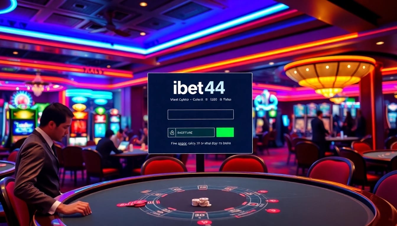 Masuk ke ibet44 dengan layar login digital yang berkilau di dalam kasino modern.