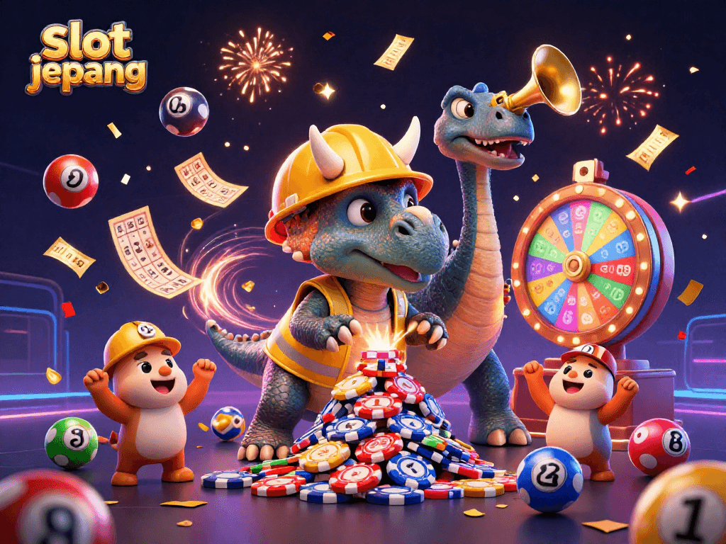 Experience excitement with slot jepang as a triceratops builds poker chips amidst vibrant celebrations.
