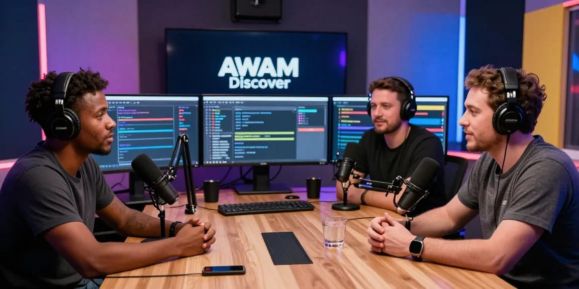 AWAM Discover podcast hosts in a modern studio showcasing innovative technology and creativity.