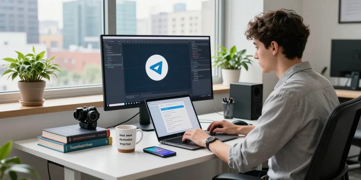 Developer using Telegram中文版 on a laptop in a modern workspace with urban view.