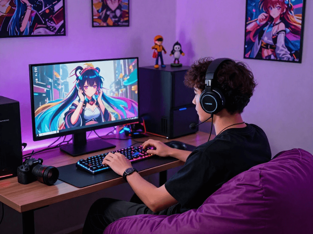 Engaging hentai AI chat scene with user interacting in a vibrant gaming setup.