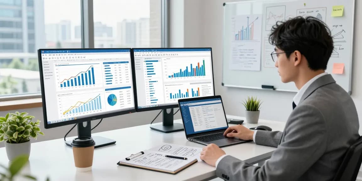 Business professional utilizing asset tracing software in a modern office, showcasing financial reports and strategy visuals.