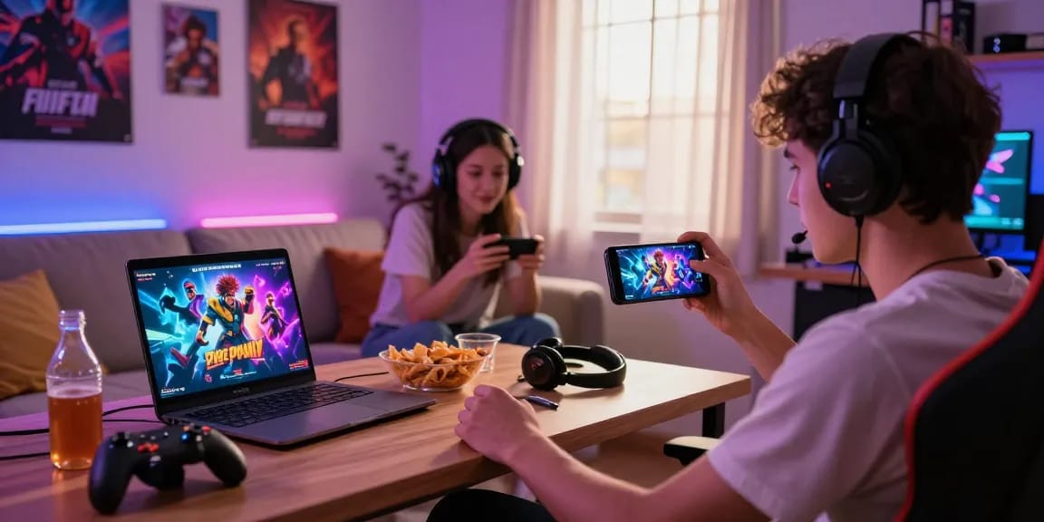 Play free porn games online in a cozy gaming room with vibrant characters on screens.