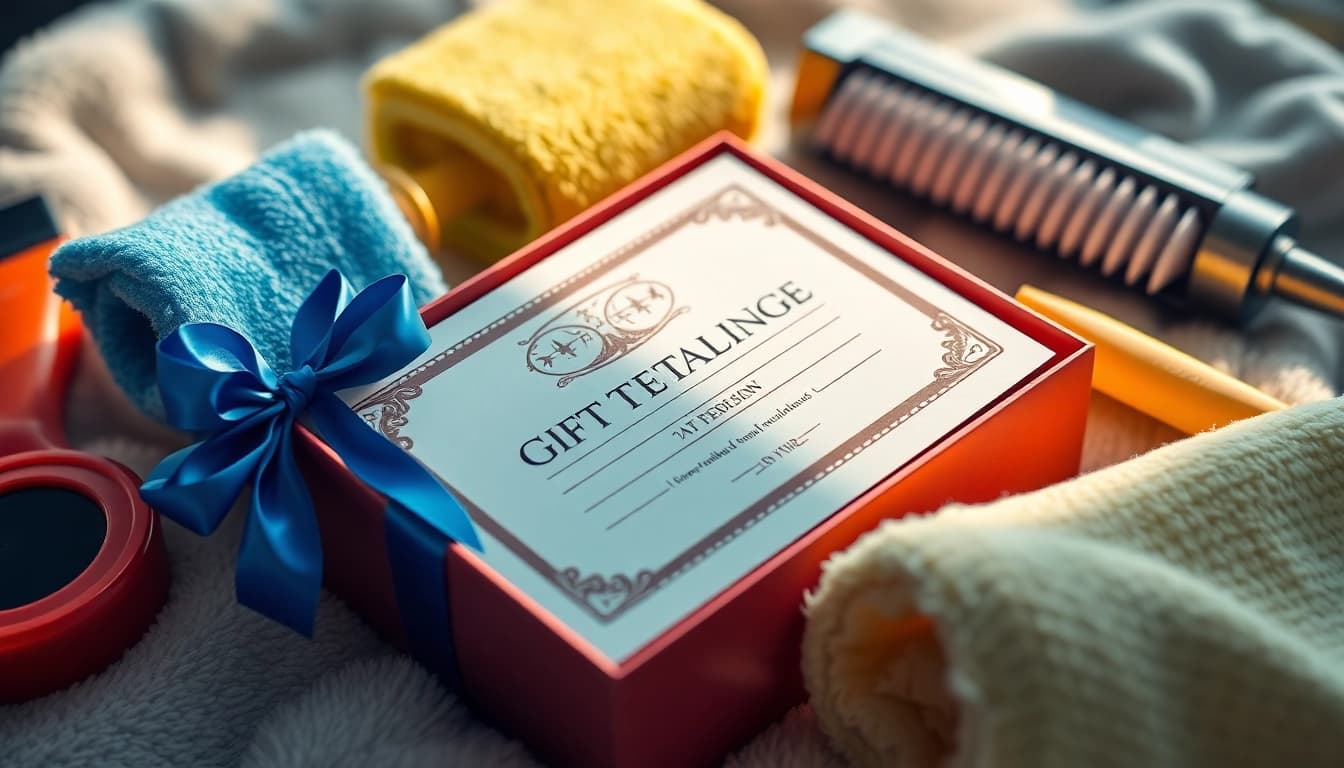Present a car detailing gift certificate elegantly in a festive setting, showcasing charm for car lovers.