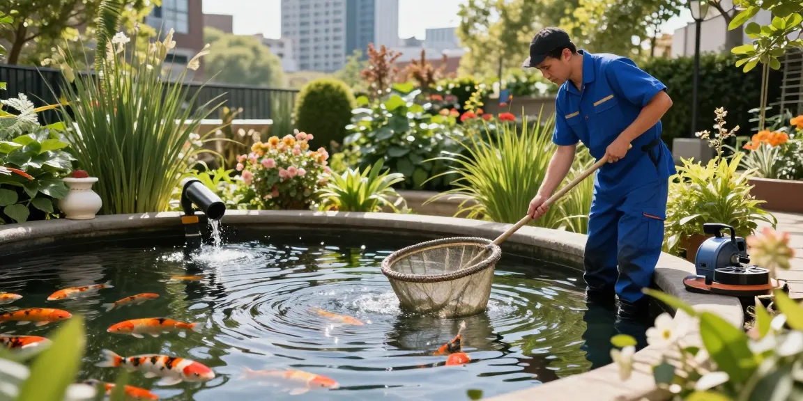 Pond Cleaning London service with professional cleaner tending to vibrant koi pond in urban garden setting.