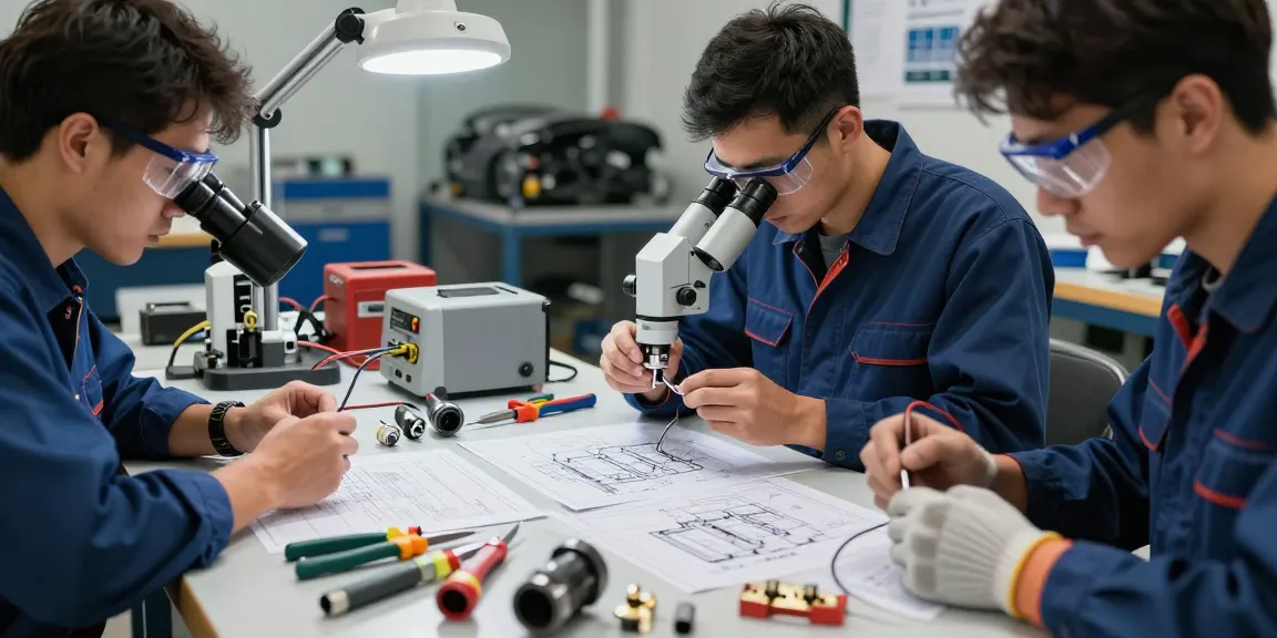 Innovative technicians working on heavy duty waterproof electrical connectors in an automotive workshop.