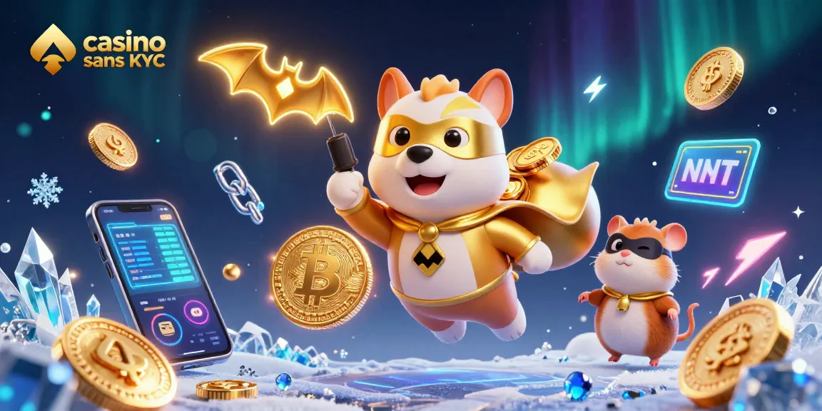 Admirez notre illustration dynamique de casino sans KYC crypto avec un chien super héros et des éléments de gambling captivants.