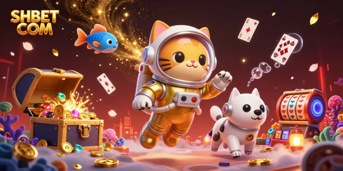 Experience exciting gaming adventures with SHBET COM in this vibrant, dynamic 3D illustration featuring a floating astronaut cat and casino elements.