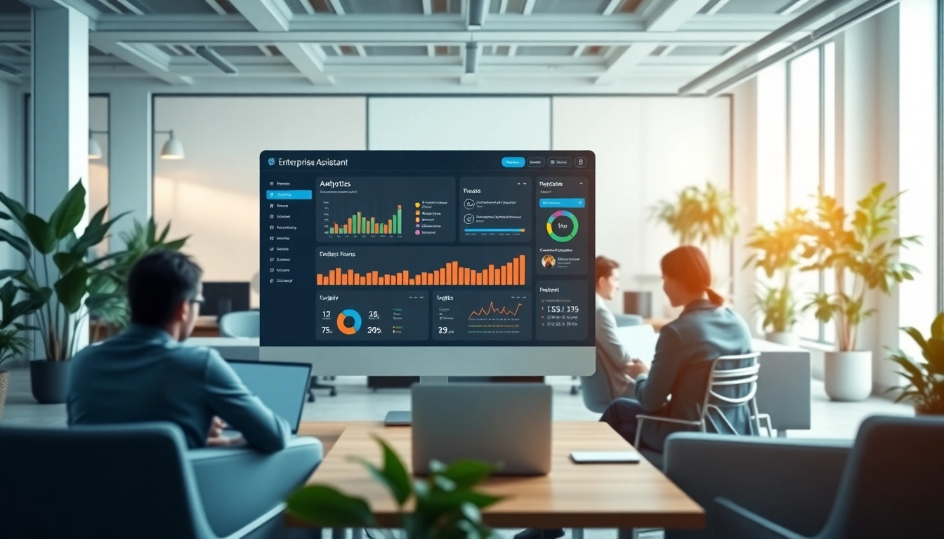 Enhance productivity with enterprise assistant saas showing analytics dashboard in a lively office.