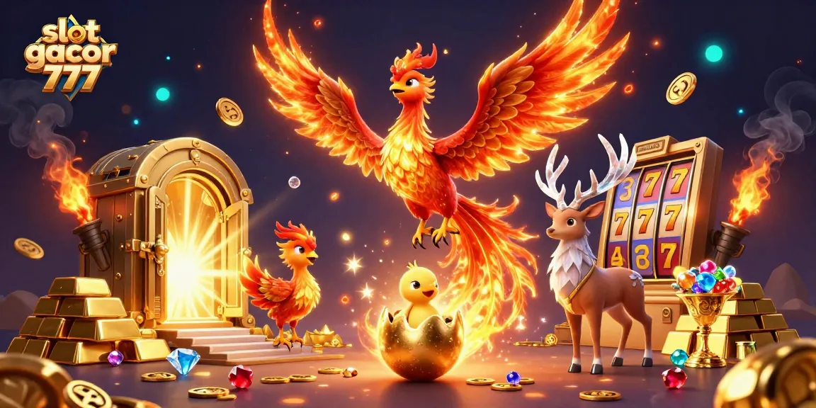 Menangkan slot gacor 777 dengan ilustrasi phoenix klasik dalam kasino dengan elemen berkilauan.