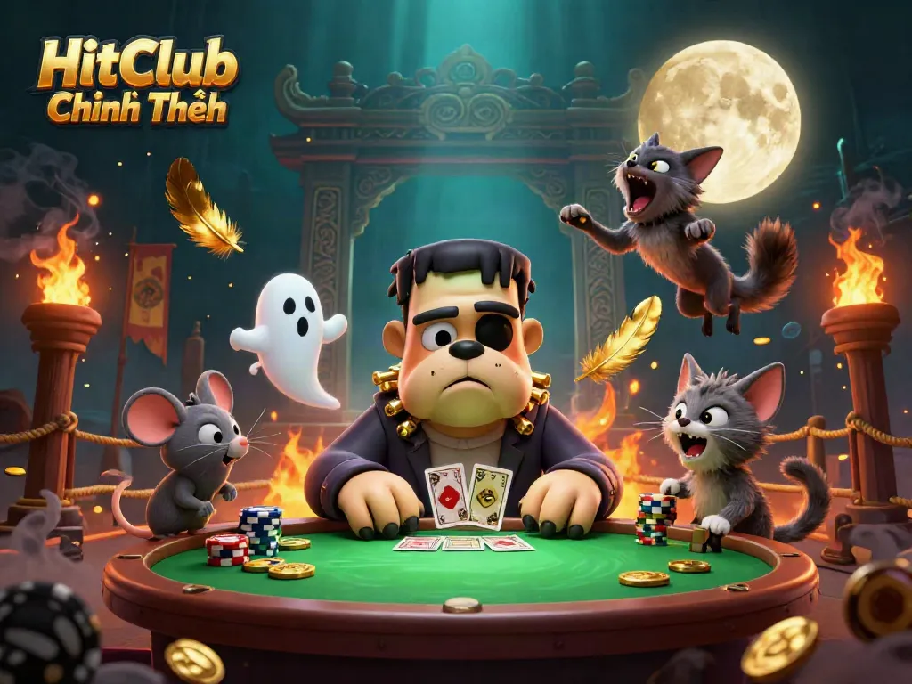 Experience the excitement at HitClub Chính Thức with a dynamic scene featuring unique characters and casino elements.