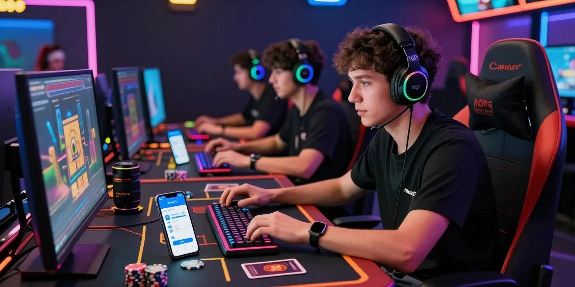Atmosphère de jeu en ligne captivante mettant en avant le paiement par casino en ligne neosurf avec des joueurs immergés dans le jeu virtuel et des visuels vibrants.