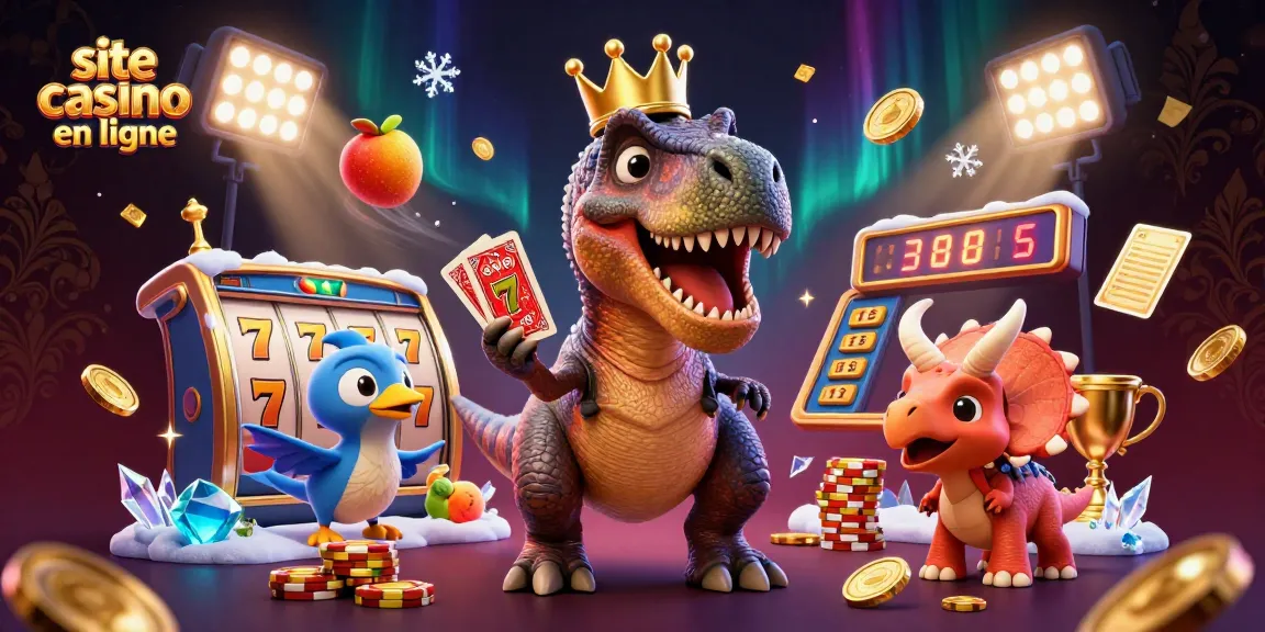 Jouez au site casino en ligne avec un T-Rex, un ptérodactyle et un tricératops s'amusant autour de jeux.