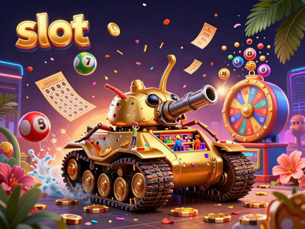 Experience thrilling slot action with a golden beetle tank casino, bouncing lottery balls, and vibrant gaming elements.
