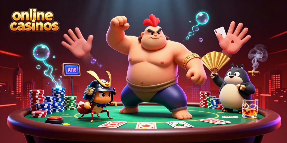 Online casinos scene featuring a sumo wrestler rooster and samurai cricket with poker elements.