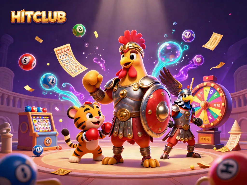 Experience thrilling gaming action with HITCLUB's dynamic scene featuring colorful lottery elements.