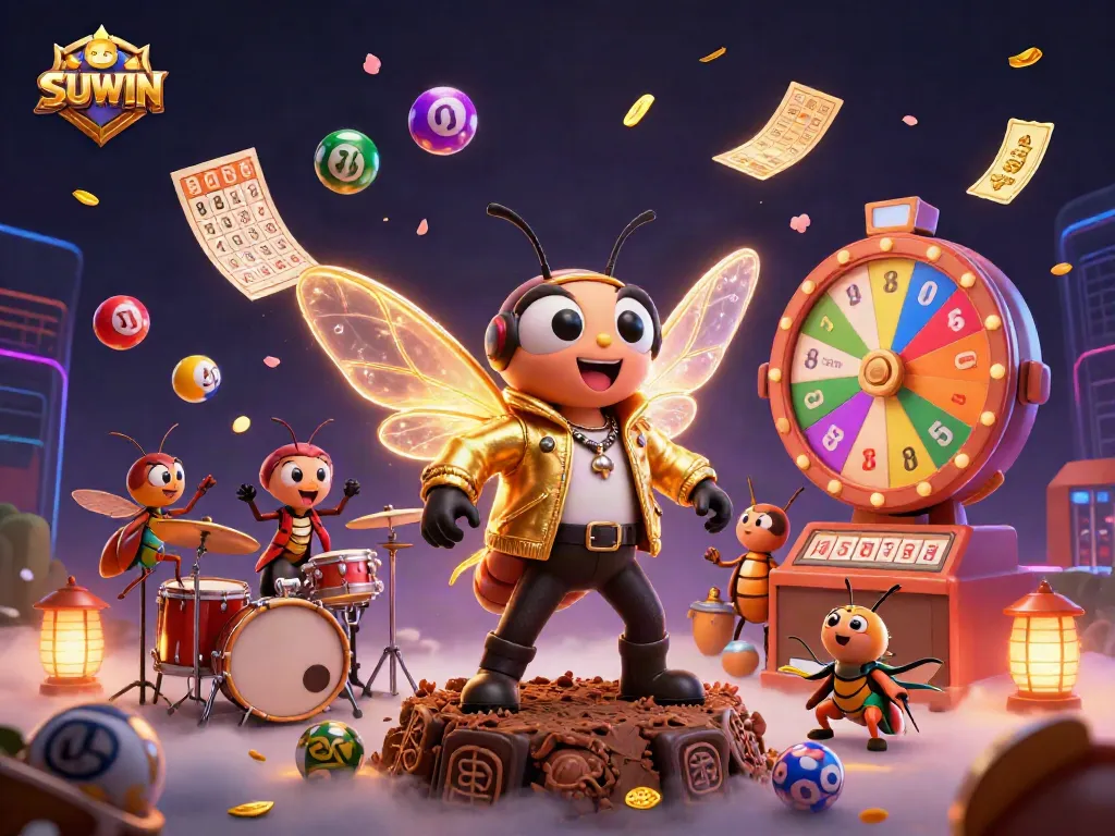 Suwin promotes excitement with a vibrant 3D rock star scene infused with lottery elements and energetic characters.