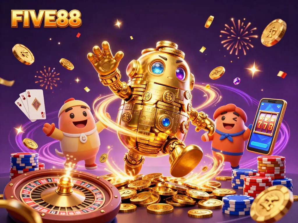 Experience the excitement of gaming at FIVE88 with vibrant slot symbols and a golden golem in action.
