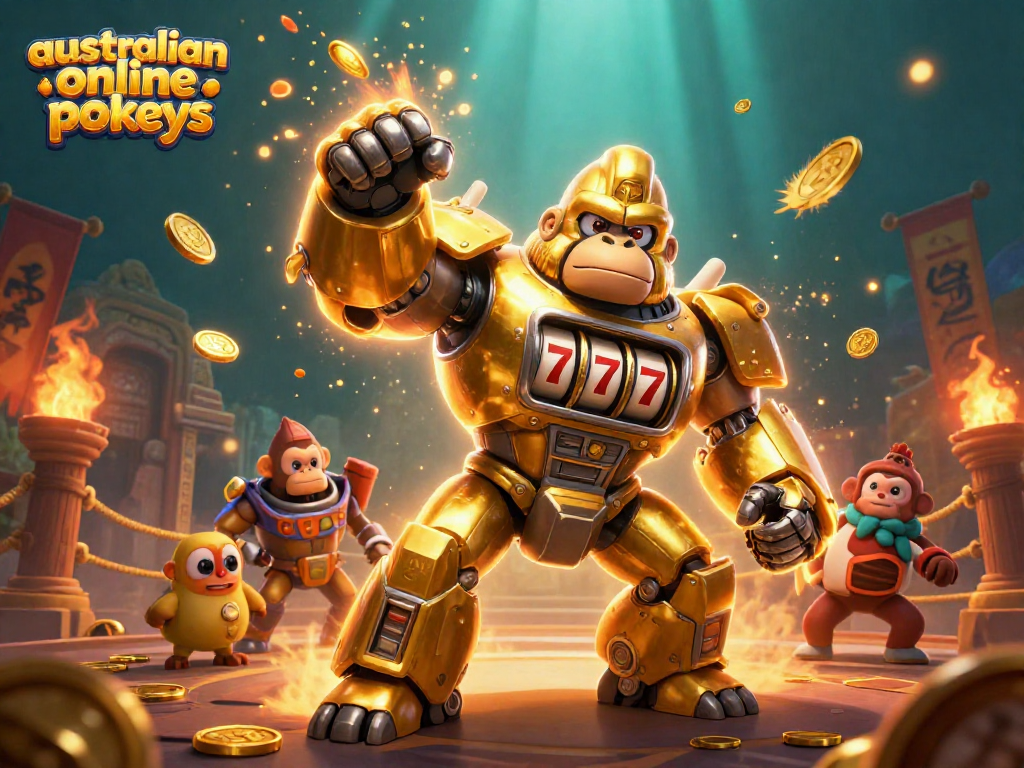 Engage with australian online pokies gameplay featuring dynamic golden gorilla mech and exhilarating game elements.