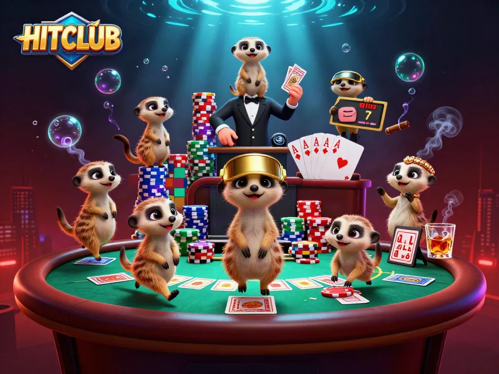 HITCLUB meerkats operating a vibrant casino scene, showcasing poker excitement with colorful chips.