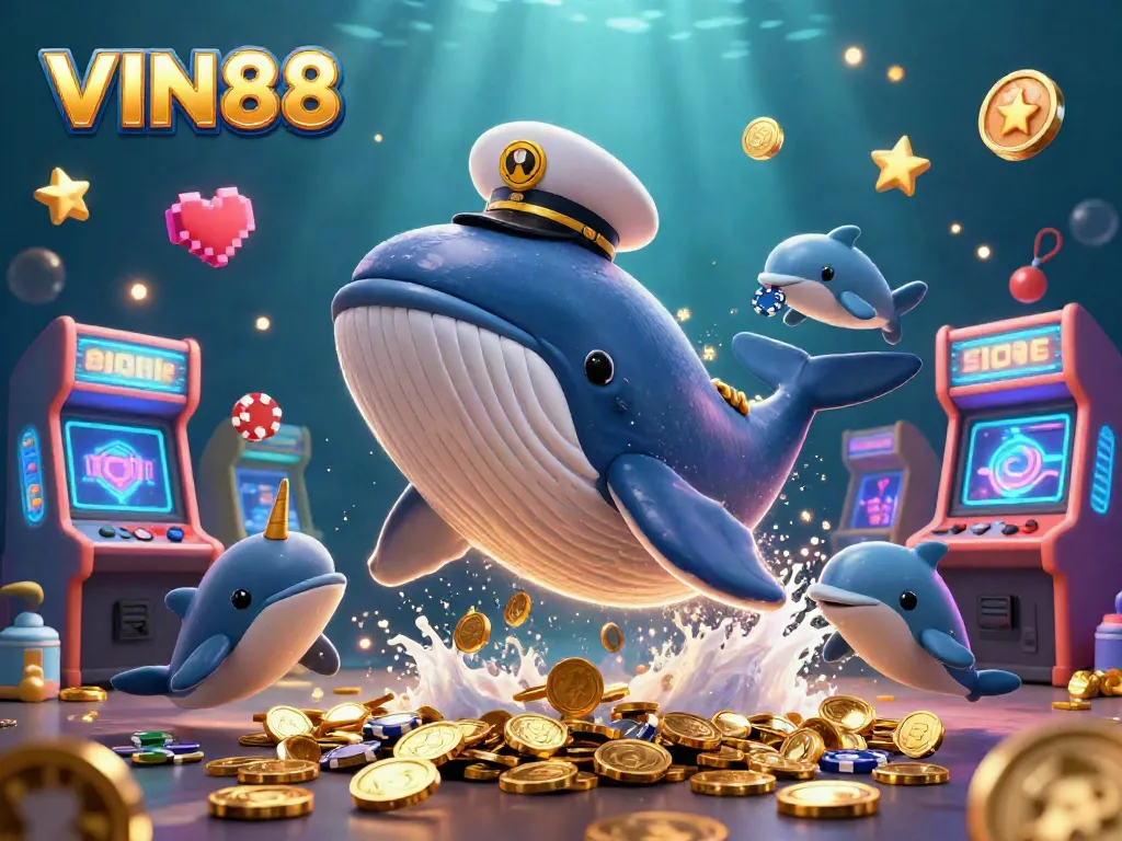 Engage with VIN88 by exploring a vibrant underwater casino scene with lively characters and games.