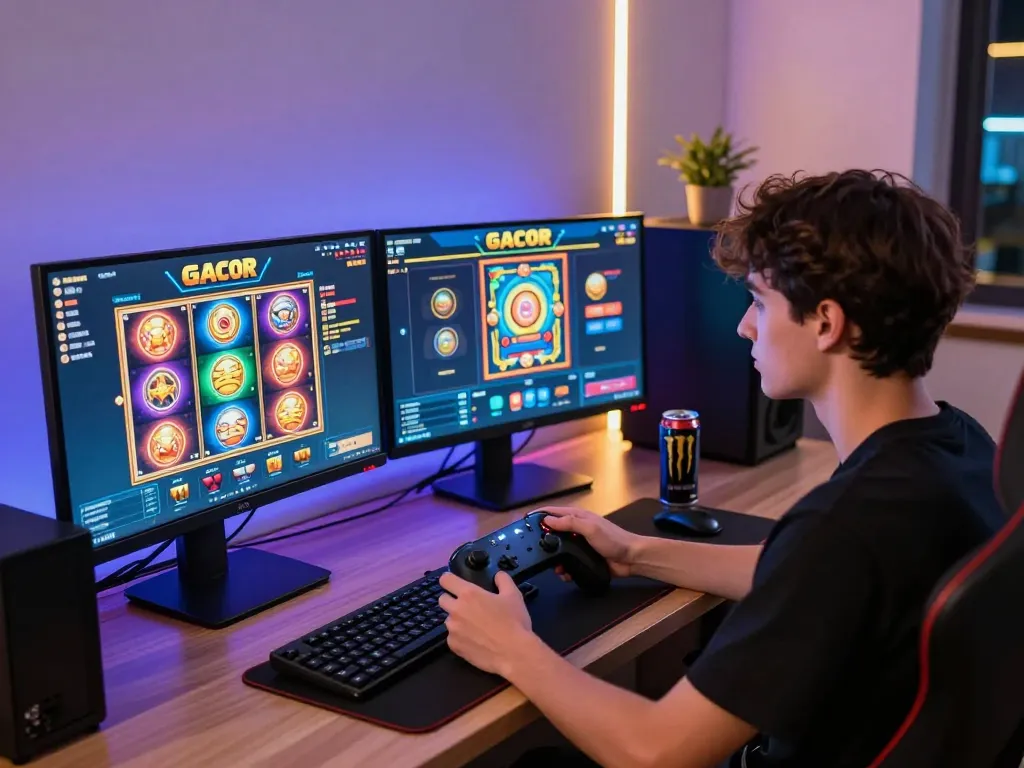 Engaging in slot gacor gameplay on dual monitors in a stylish gaming setup.