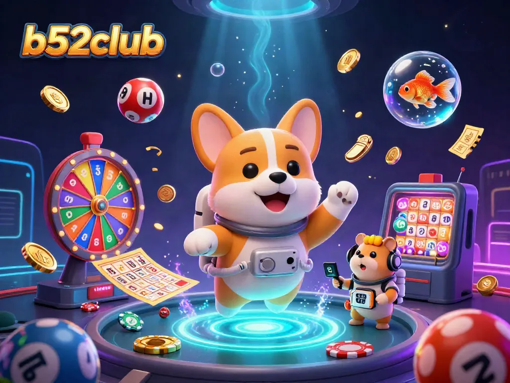 B52club offers an engaging space casino experience with floating prizes and astronauts in action.