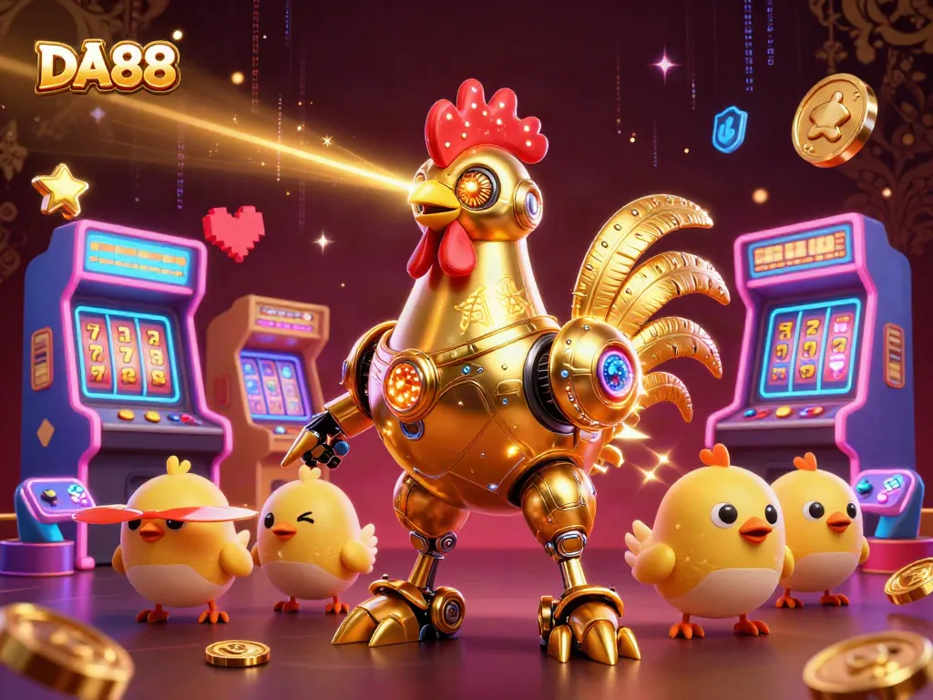 Experience thrilling gaming at DA88 with a golden robot and baby chick drones in a vibrant casino scene.