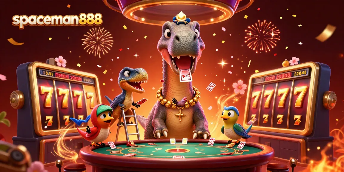 Experience the excitement of spaceman888 as a brontosaurus towers over a vibrant casino scene filled with luck and action.
