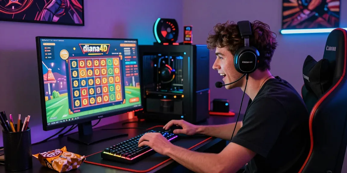 Pria muda bersemangat bermain diana4d di meja gaming modern dengan aksesori bermain yang berwarna-warni.