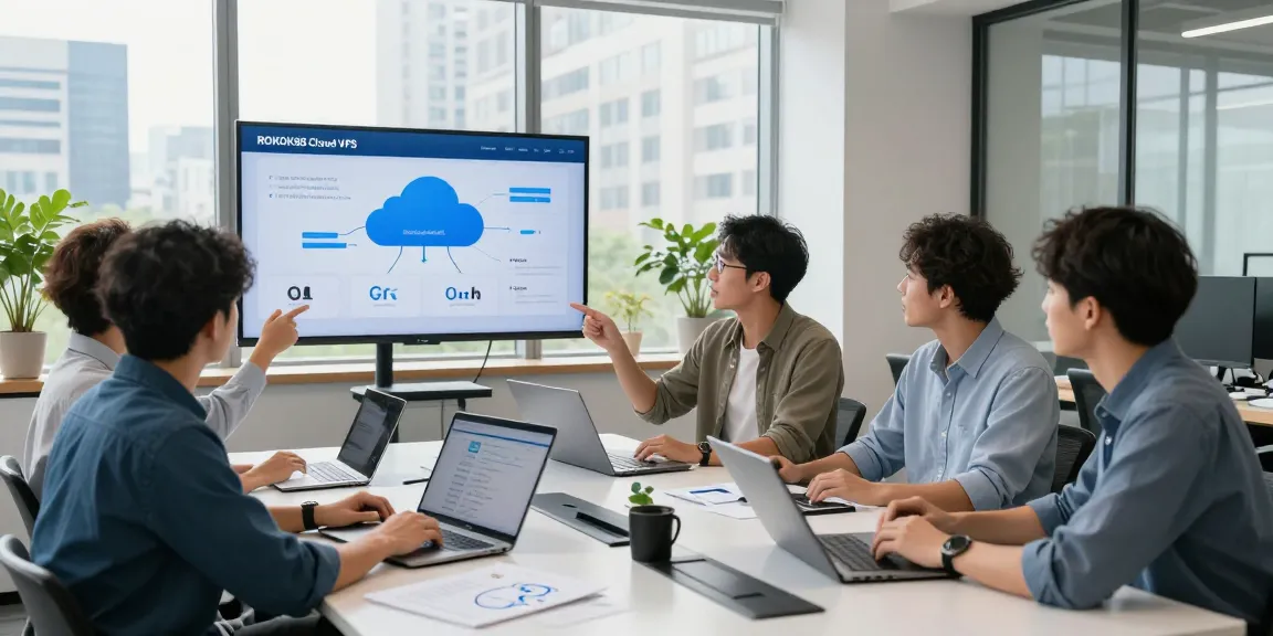 Team discussing ROKOK88 Cloud VPS solutions in a modern office setting.